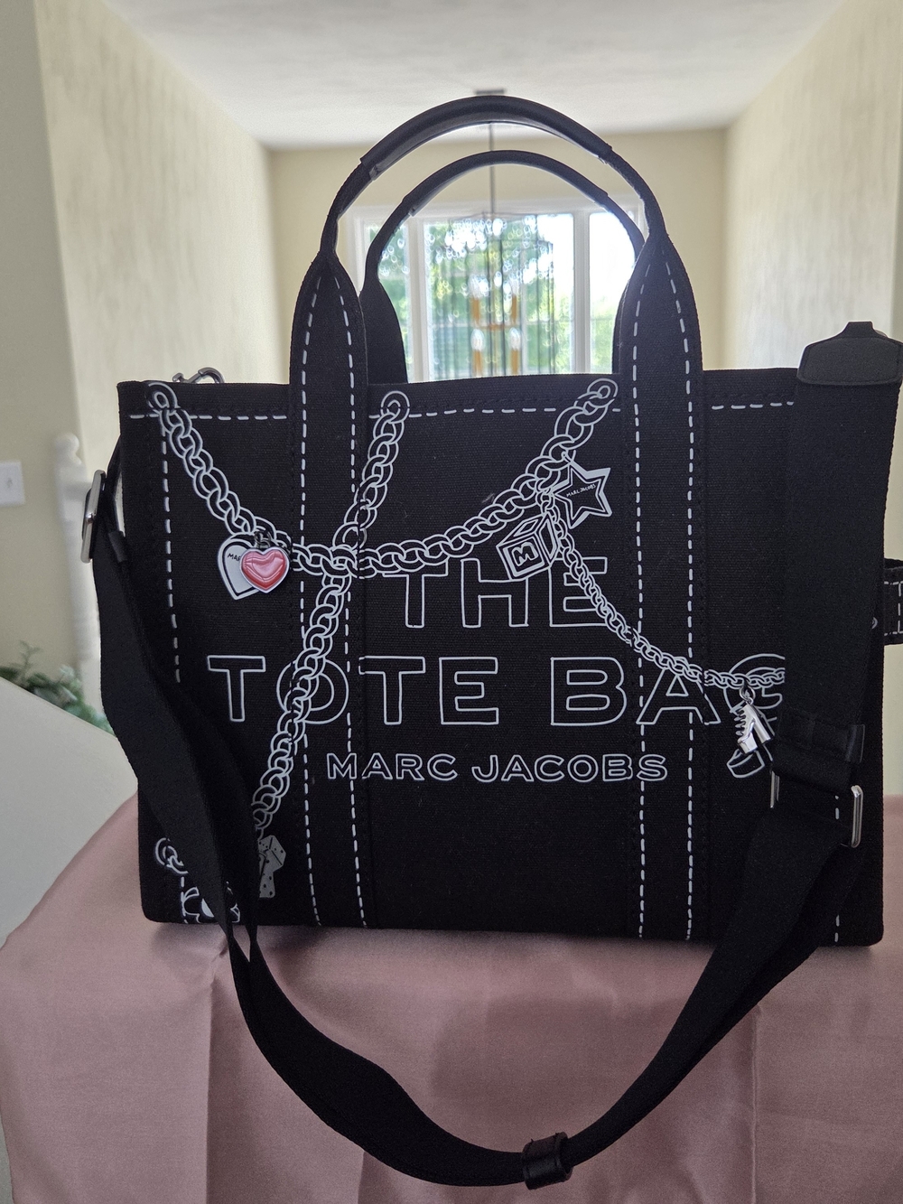 Marc Jacobs Black Tote with White Print and Charm Motif
